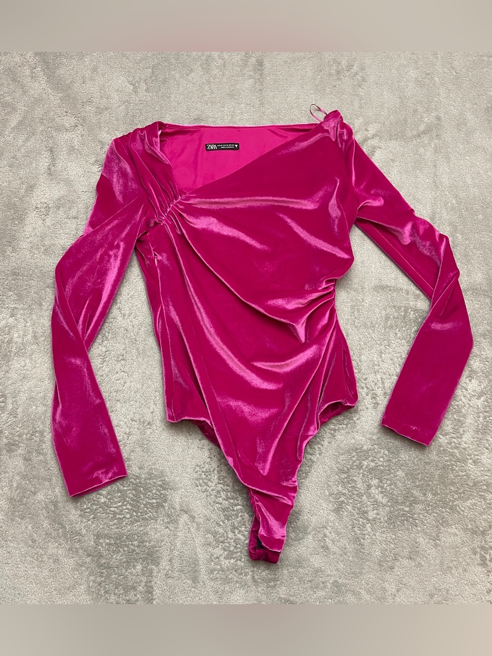 Zara Trafaluc Hot Pink Velvet Long Sleeve Bodysuit Women XS Sparkle